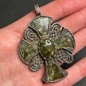 Vintage Celtic Scottish Cross Necklace Pendant Green Silver Tone Large BRITAIN